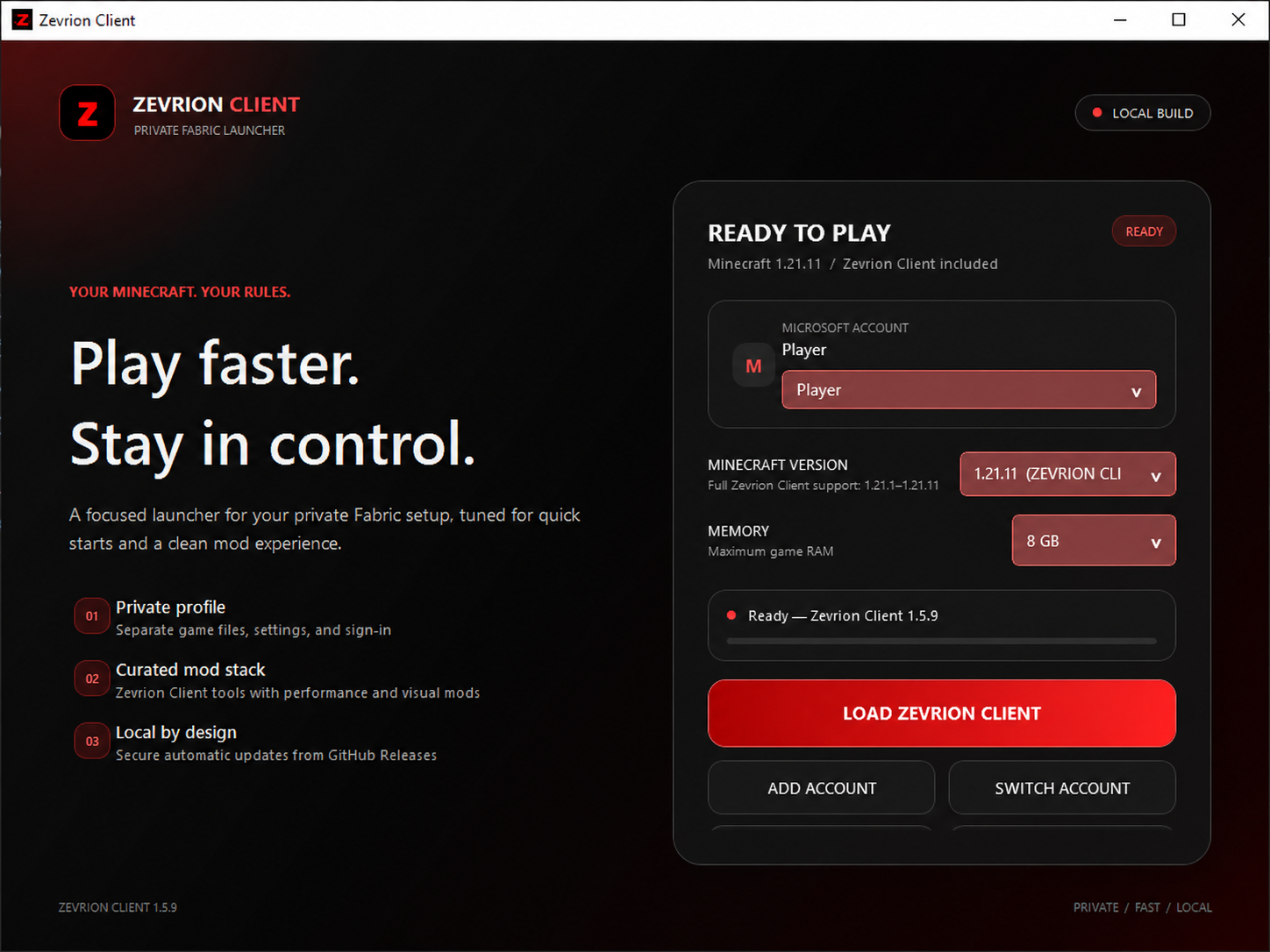 Zevrion Client launcher with its black and red interface